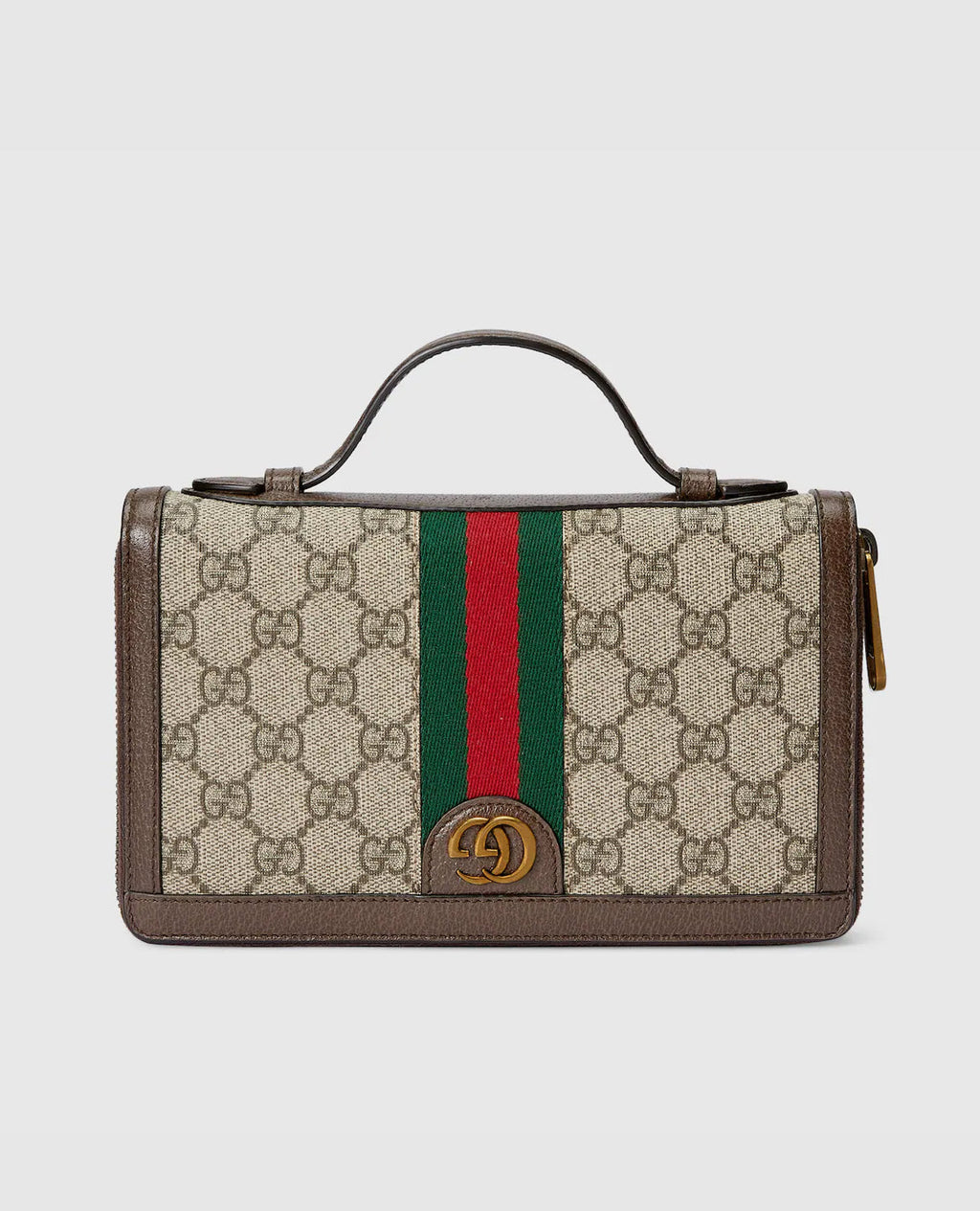 Pochette Gucci Ophidia en toile GG Supreme beige avec bande Web vert et rouge et finitions en cuir marron