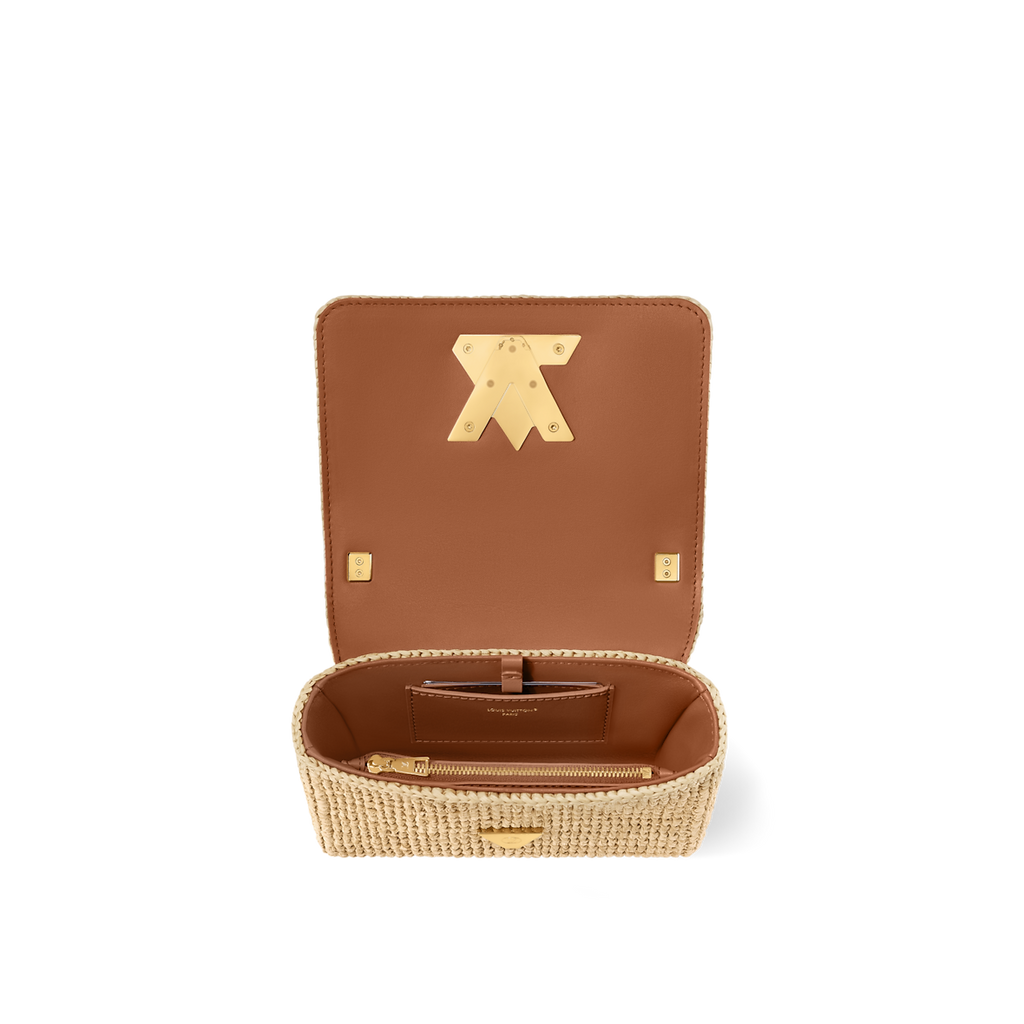 Sac à main Louis Vuitton en raphia tressé beige avec logo LV doré et bandoulière en cuir
