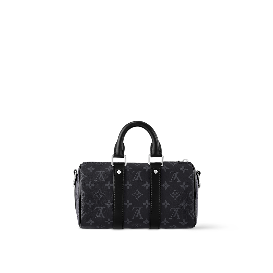 Sac Keepall Bandoulière 25 Louis Vuitton en toile Monogram Eclipse avec finitions en cuir noir