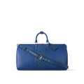 Sac Keepall Bandoulière 50  Louis Vuitton en cuir bleu avec bande centrale Monogram