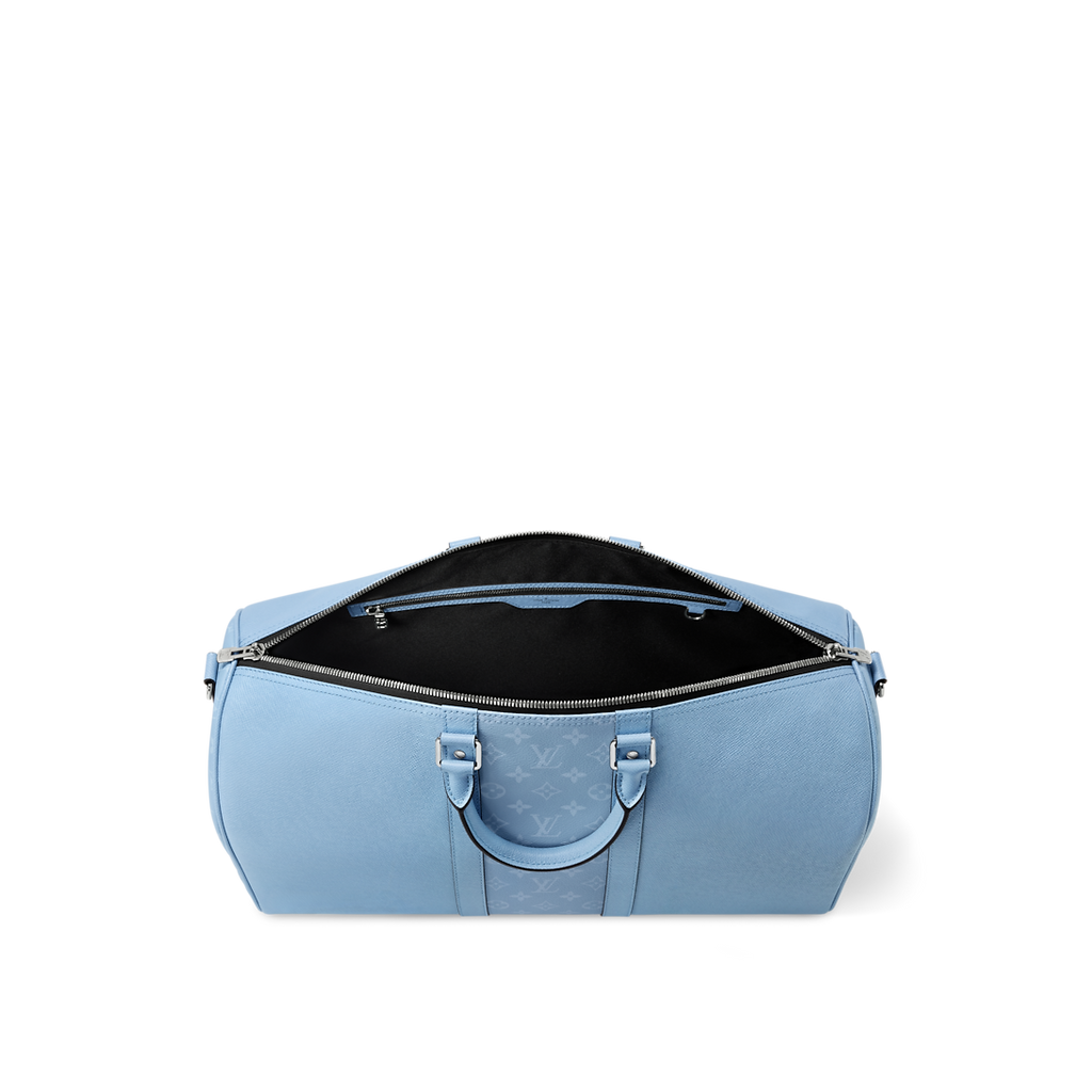 Sac Keepall Bandoulière 50 Louis Vuitton en cuir bleu clair avec bande centrale Monogram
