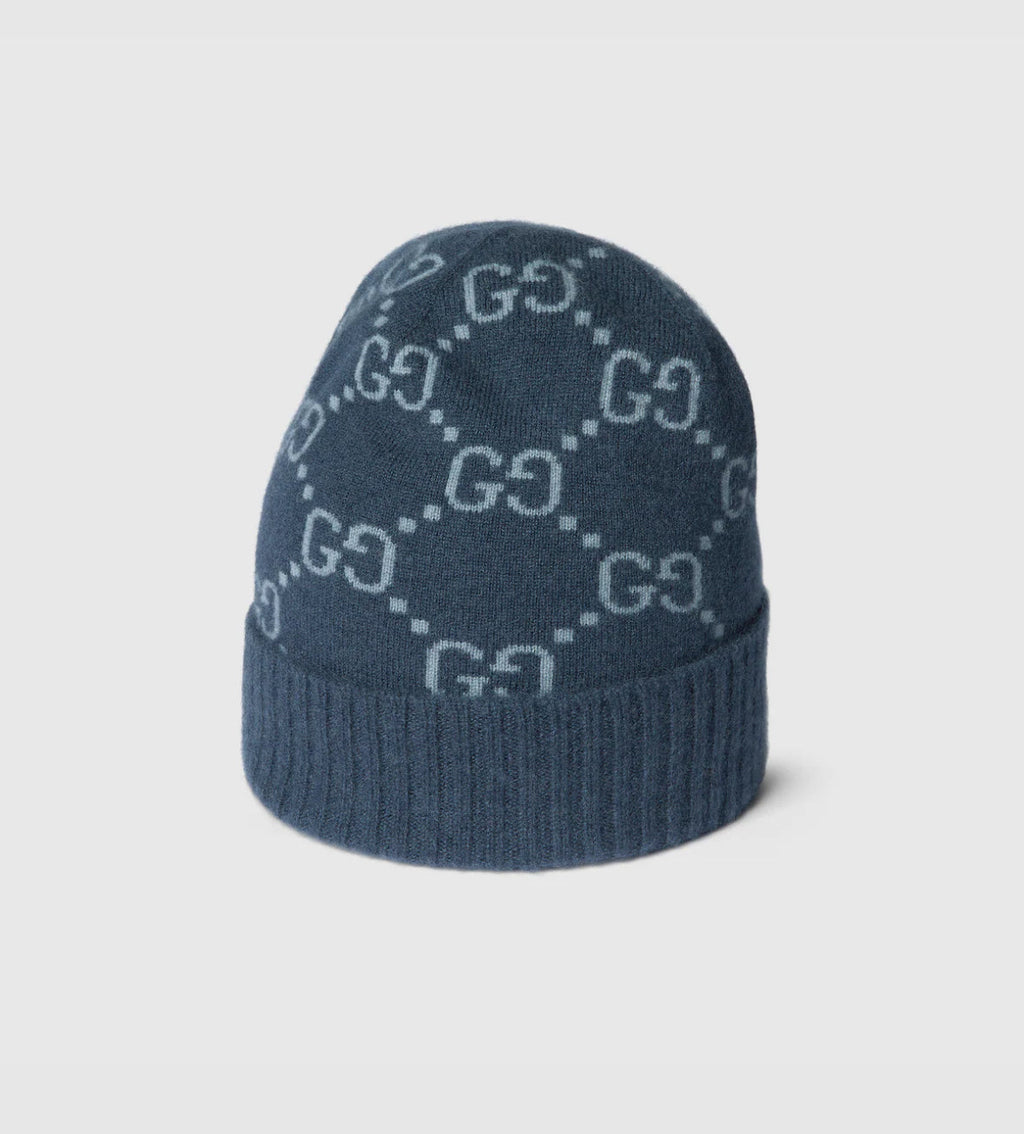 Bonnet et Écharpe en jacquard de cachemire GG bleu marine et bleu clair