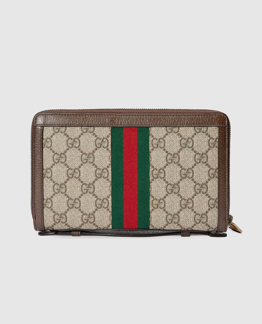 Pochette Gucci Ophidia en toile GG Supreme beige avec bande Web vert et rouge et finitions en cuir marron