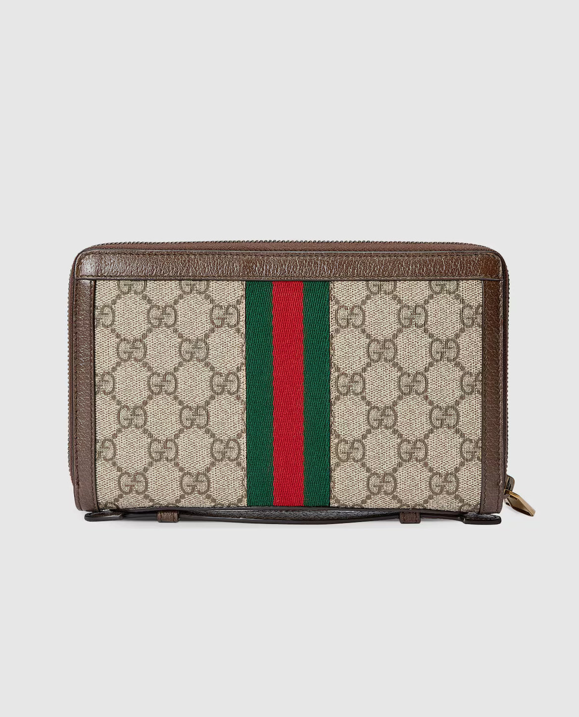 Pochette Gucci Ophidia en toile GG Supreme beige avec bande Web vert et rouge et finitions en cuir marron