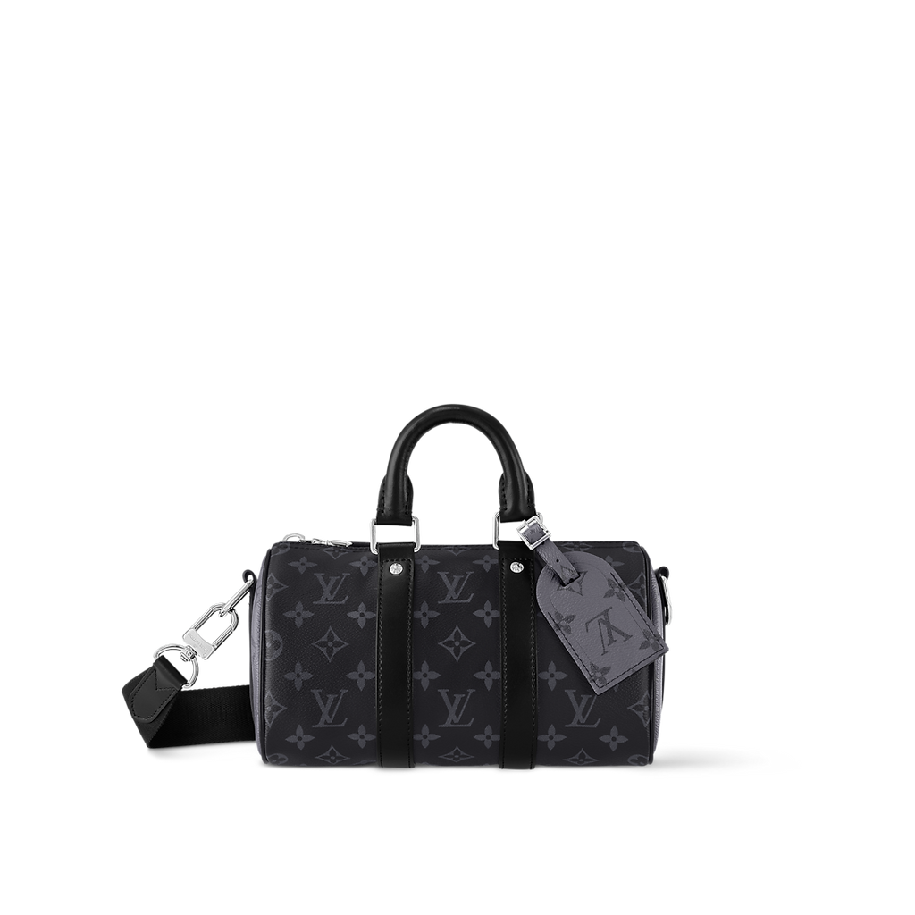 Sac Keepall Bandoulière 25 Louis Vuitton en toile Monogram Eclipse avec finitions en cuir noir