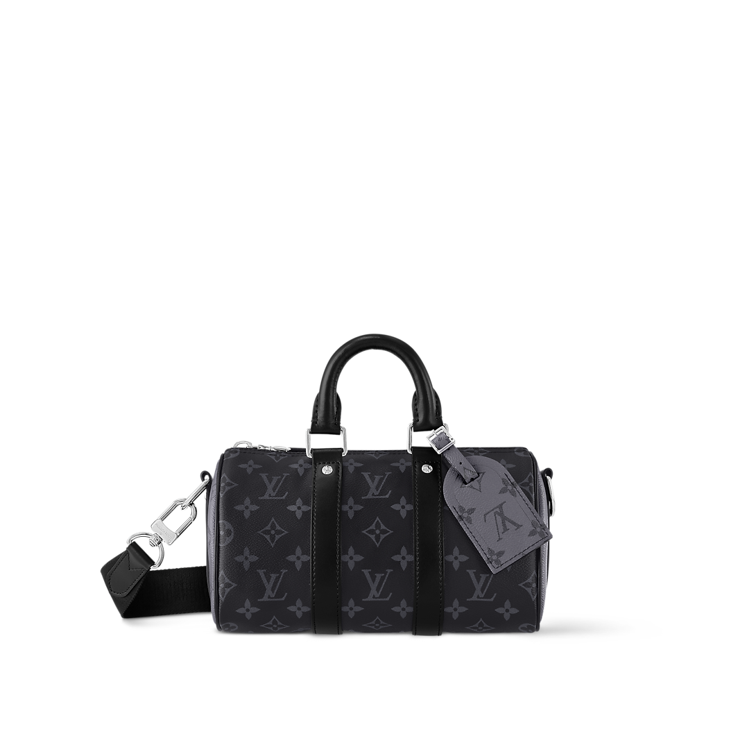 Sac Keepall Bandoulière 25 Louis Vuitton en toile Monogram Eclipse avec finitions en cuir noir