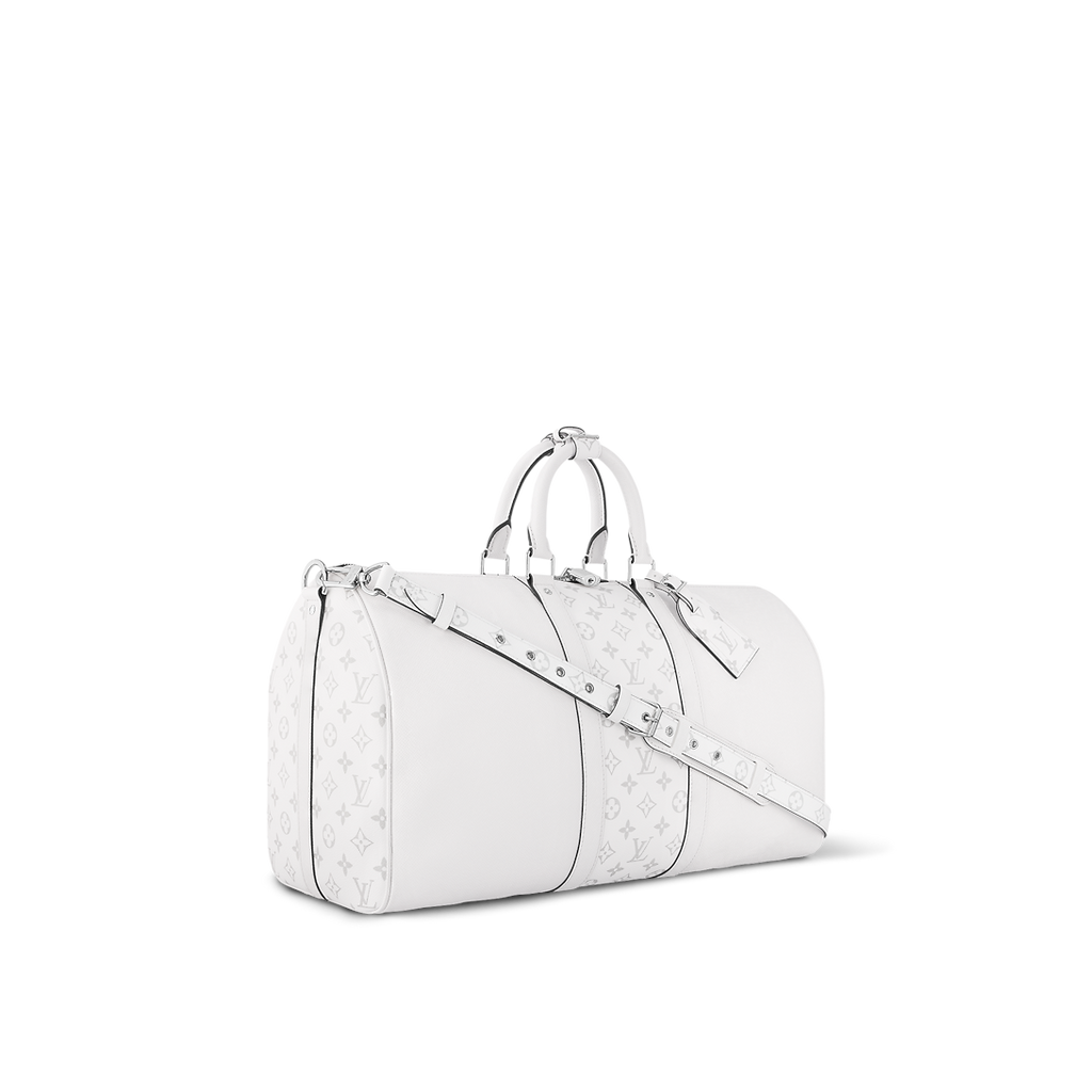 Sac Keepall Bandoulière 50 Louis Vuitton en cuir blanc avec bande centrale Monogram