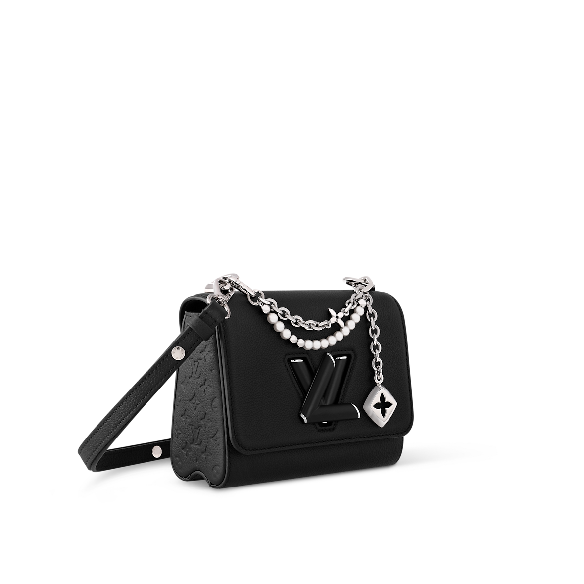 Sac à main Louis Vuitton en cuir noir avec logo LV et chaînes décoratives argentées