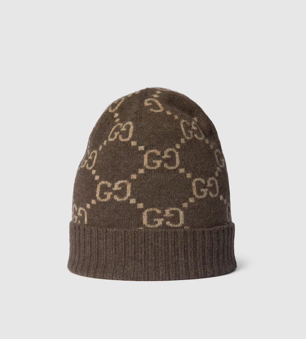 Bonnet et Écharpe en jacquard de cachemire GG marron et beige