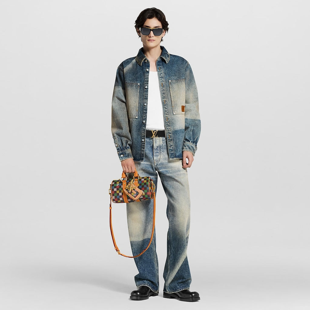 Sac Keepall Bandoulière 25 Louis Vuitton en toile Damier multicolore avec cuir naturel (vachetta)