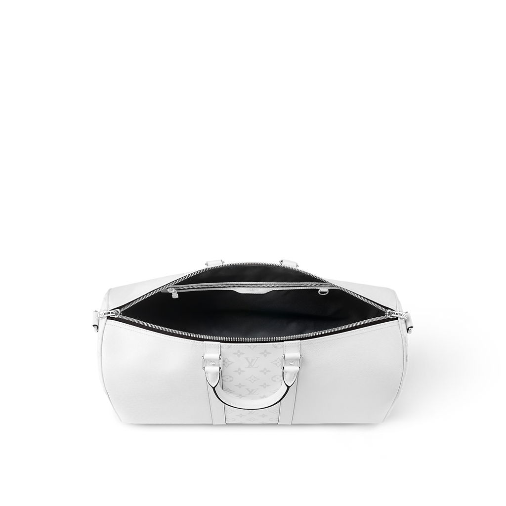 Sac Keepall Bandoulière 50 Louis Vuitton en cuir blanc avec bande centrale Monogram