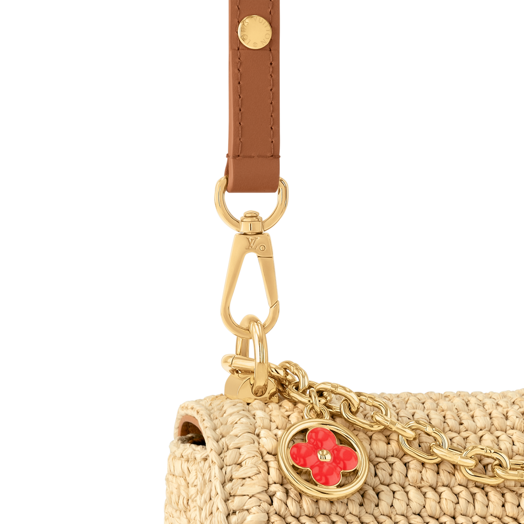 Sac à main Louis Vuitton en raphia tressé beige avec logo LV doré et bandoulière en cuir