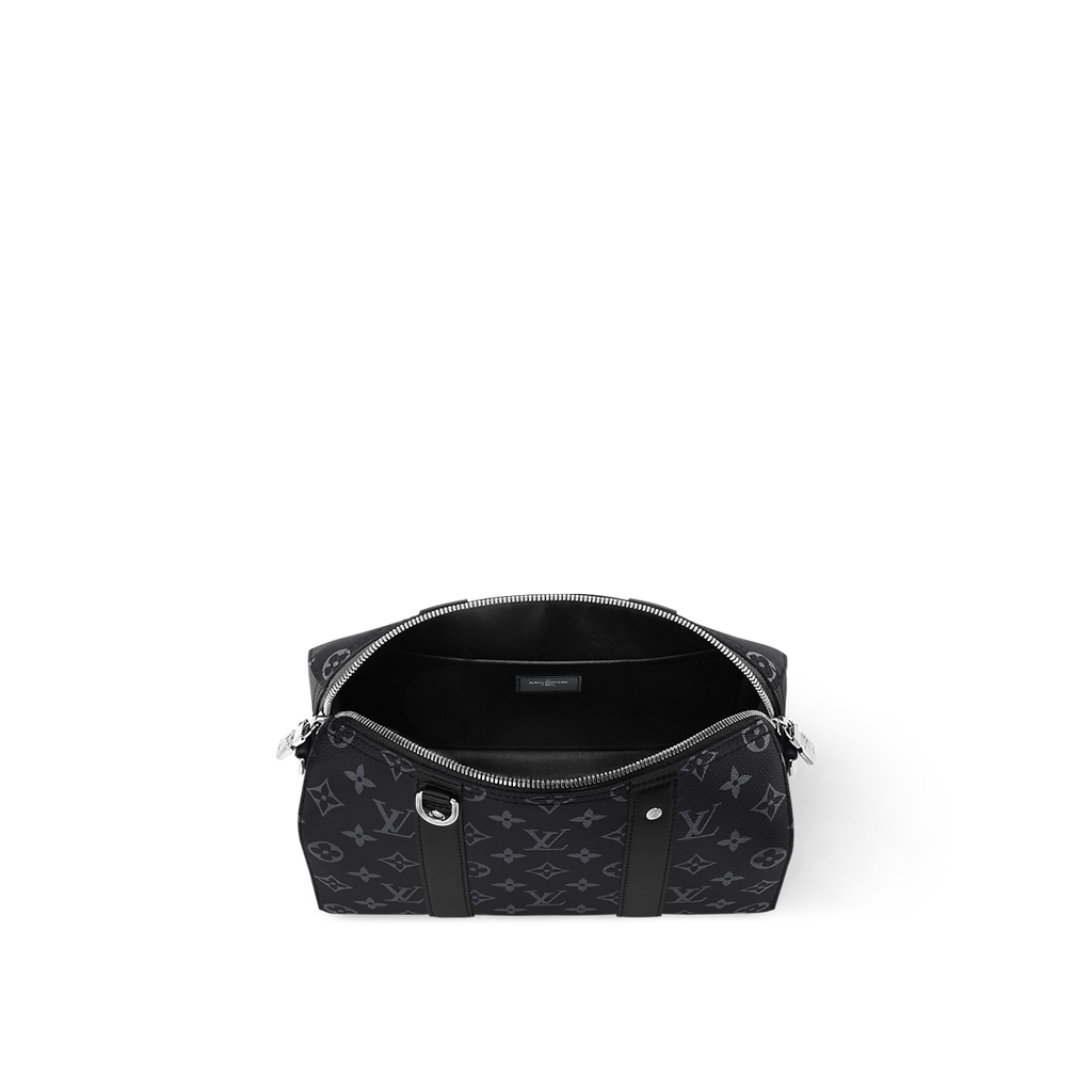 Sac Keepall Bandoulière 25 Louis Vuitton en toile Monogram Eclipse avec finitions en cuir noir