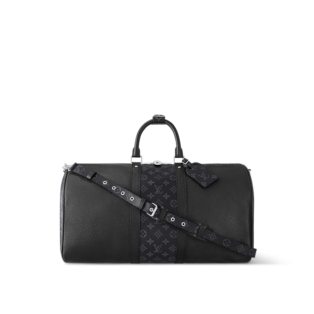 Sac Keepall Bandoulière 50 Louis Vuitton en cuir noir avec bande centrale Monogram