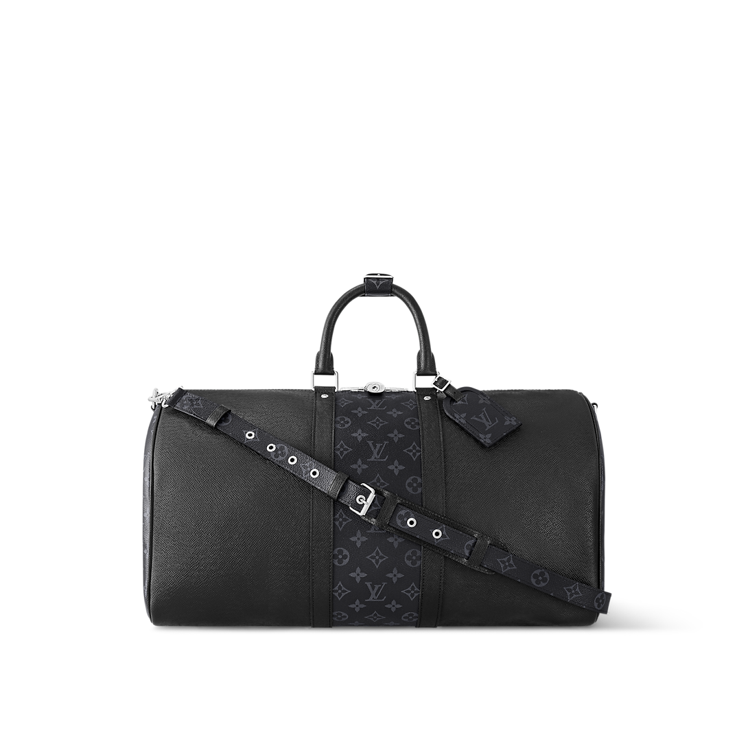 Sac Keepall Bandoulière 50 Louis Vuitton en cuir noir avec bande centrale Monogram
