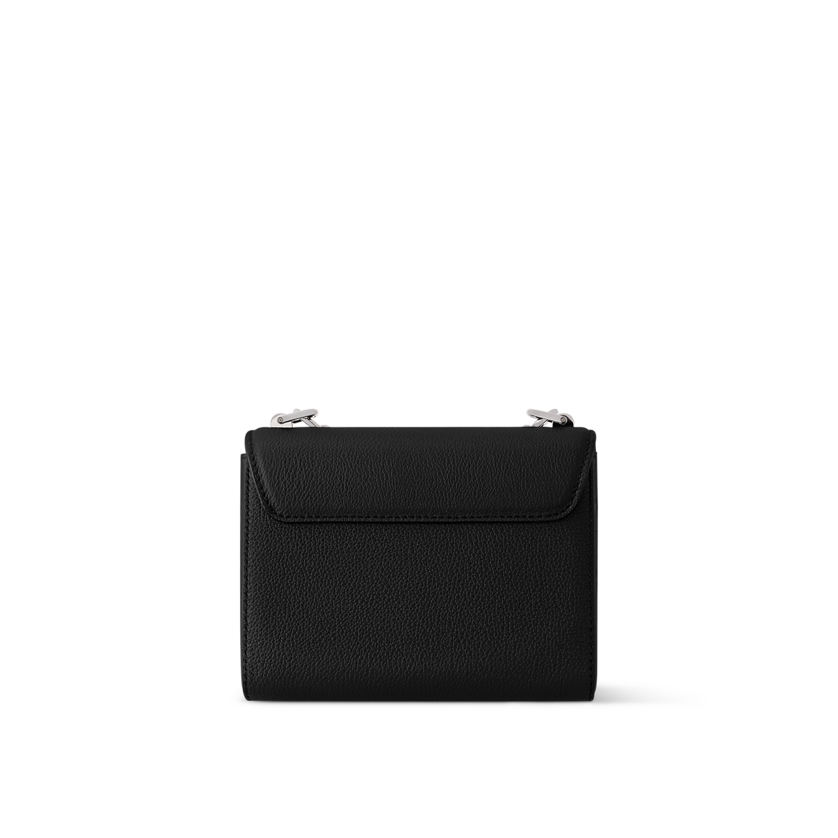 Sac à main Louis Vuitton en cuir noir avec logo LV et chaînes décoratives argentées