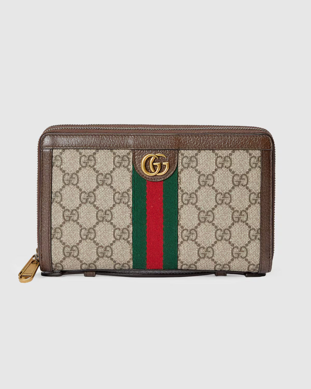 Pochette Gucci Ophidia en toile GG Supreme beige avec bande Web vert et rouge et finitions en cuir marron