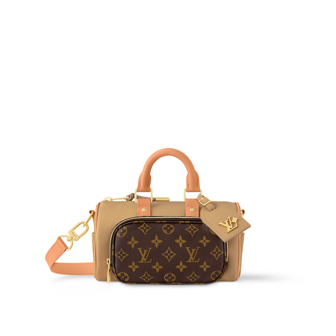 Sac Keepall Bandoulière 25 Louis Vuitton en toile Monogram avec poche avant et finitions en cuir beige (vachetta)