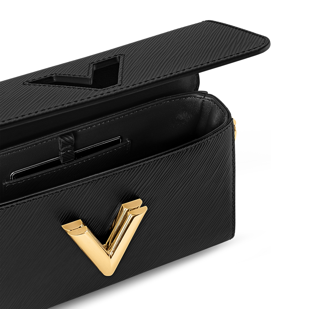 Sac à main Louis Vuitton en cuir Epi noir avec logo LV doré et chaîne décorative