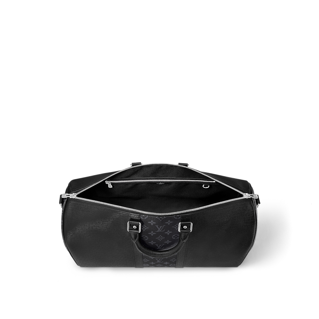 Sac Keepall Bandoulière 50 Louis Vuitton en cuir noir avec bande centrale Monogram