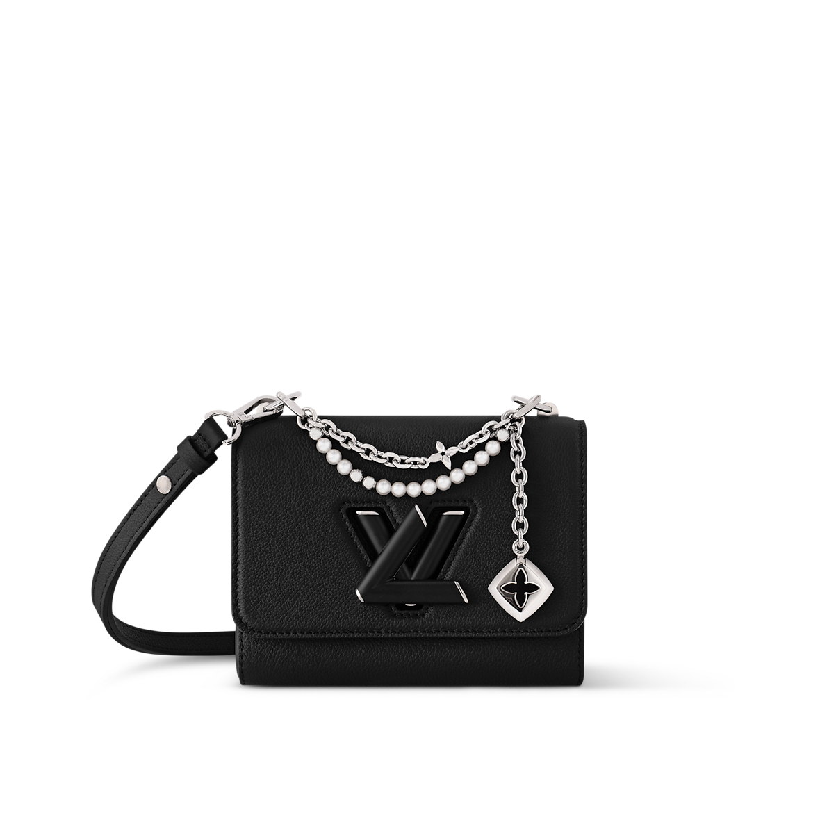 Sac à main Louis Vuitton en cuir noir avec logo LV et chaînes décoratives argentées