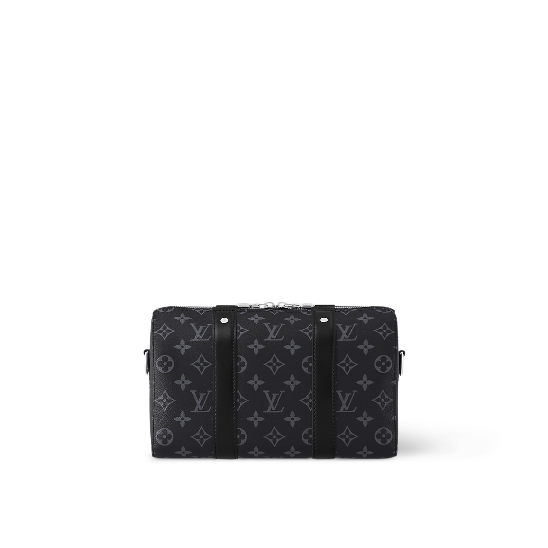 Sac Keepall Bandoulière 25 Louis Vuitton en toile Monogram Eclipse avec finitions en cuir noir