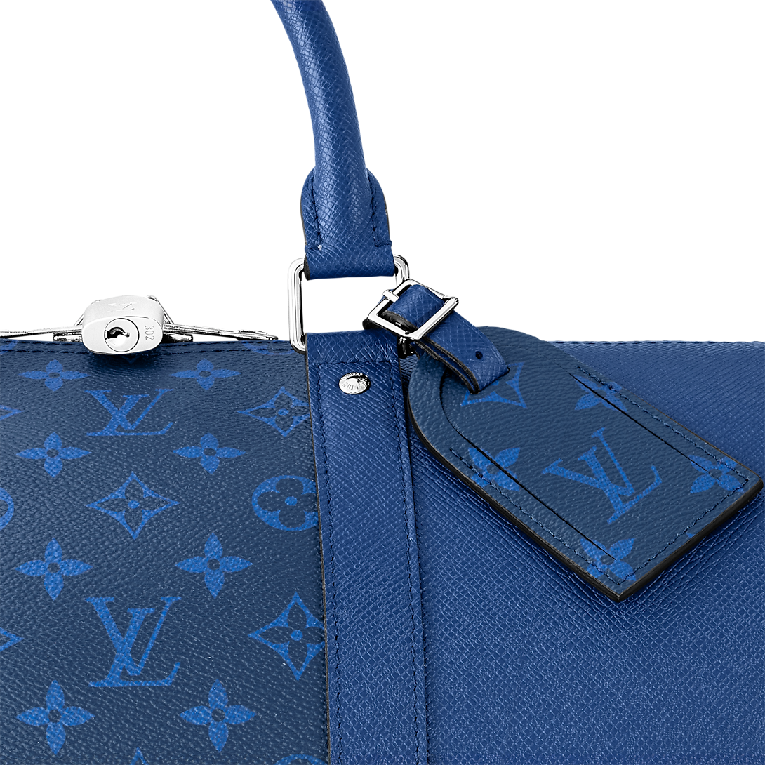 Sac Keepall Bandoulière 50  Louis Vuitton en cuir bleu avec bande centrale Monogram