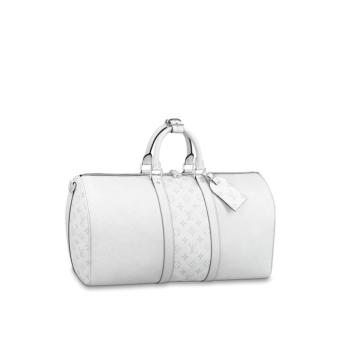 Sac Keepall Bandoulière 50 Louis Vuitton en cuir blanc avec bande centrale Monogram