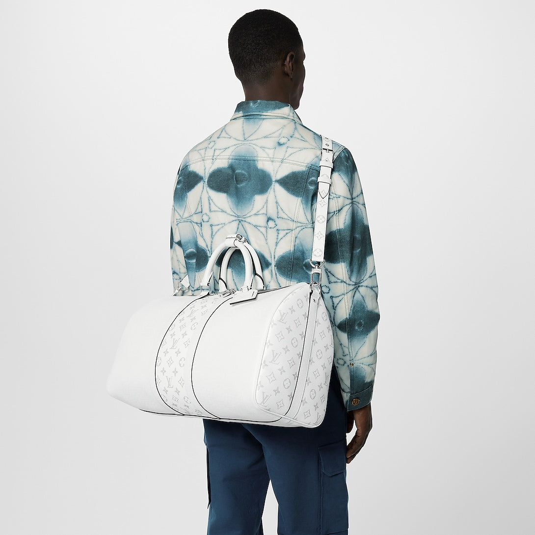 Sac Keepall Bandoulière 50 Louis Vuitton en cuir blanc avec bande centrale Monogram