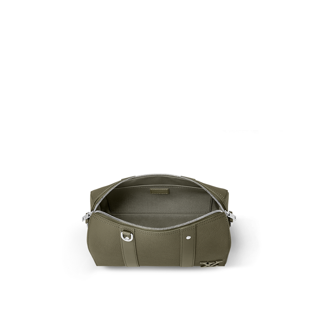 Sac Keepall Bandoulière 25 Louis Vuitton en cuir vert kaki avec logo LV métallique