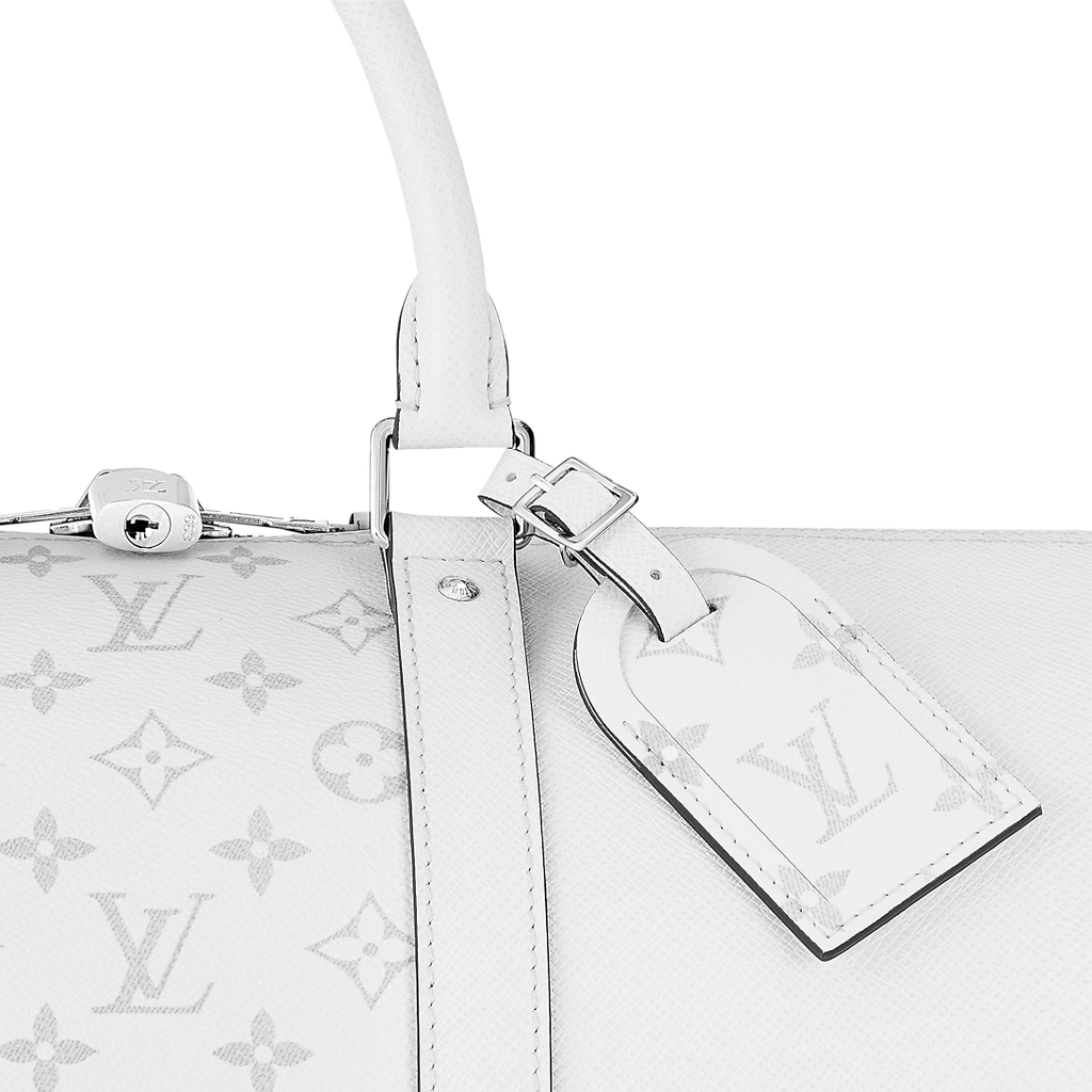 Sac Keepall Bandoulière 50 Louis Vuitton en cuir blanc avec bande centrale Monogram