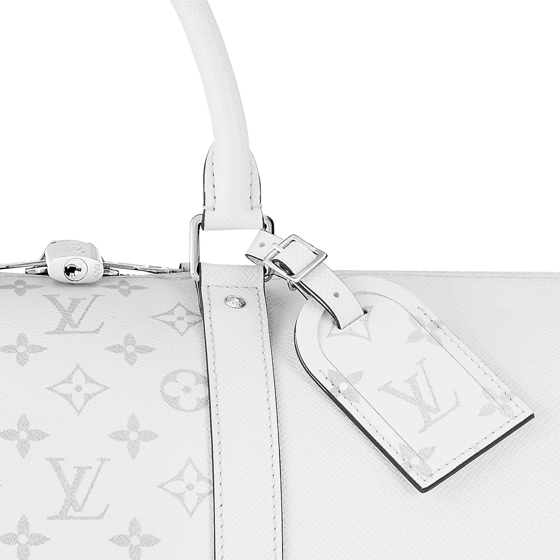 Sac Keepall Bandoulière 50 Louis Vuitton en cuir blanc avec bande centrale Monogram