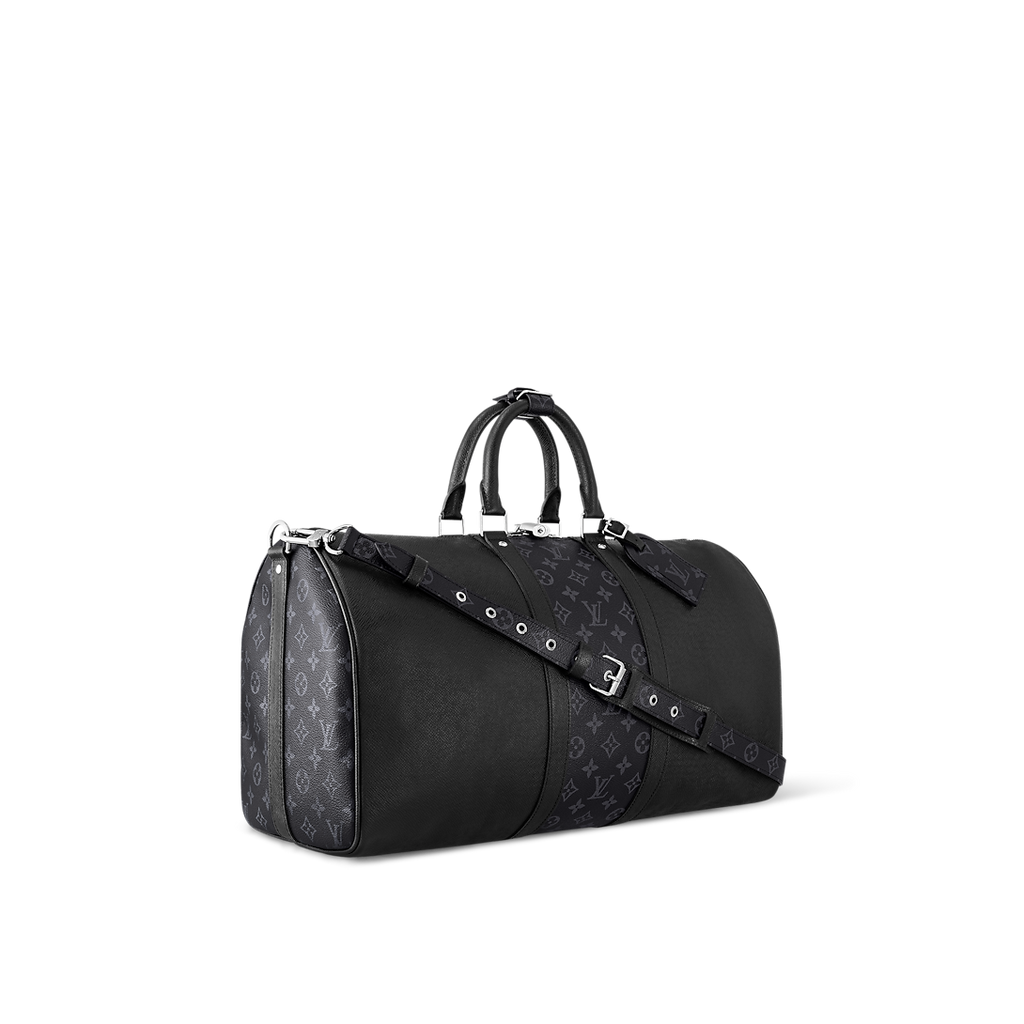 Sac Keepall Bandoulière 50 Louis Vuitton en cuir noir avec bande centrale Monogram