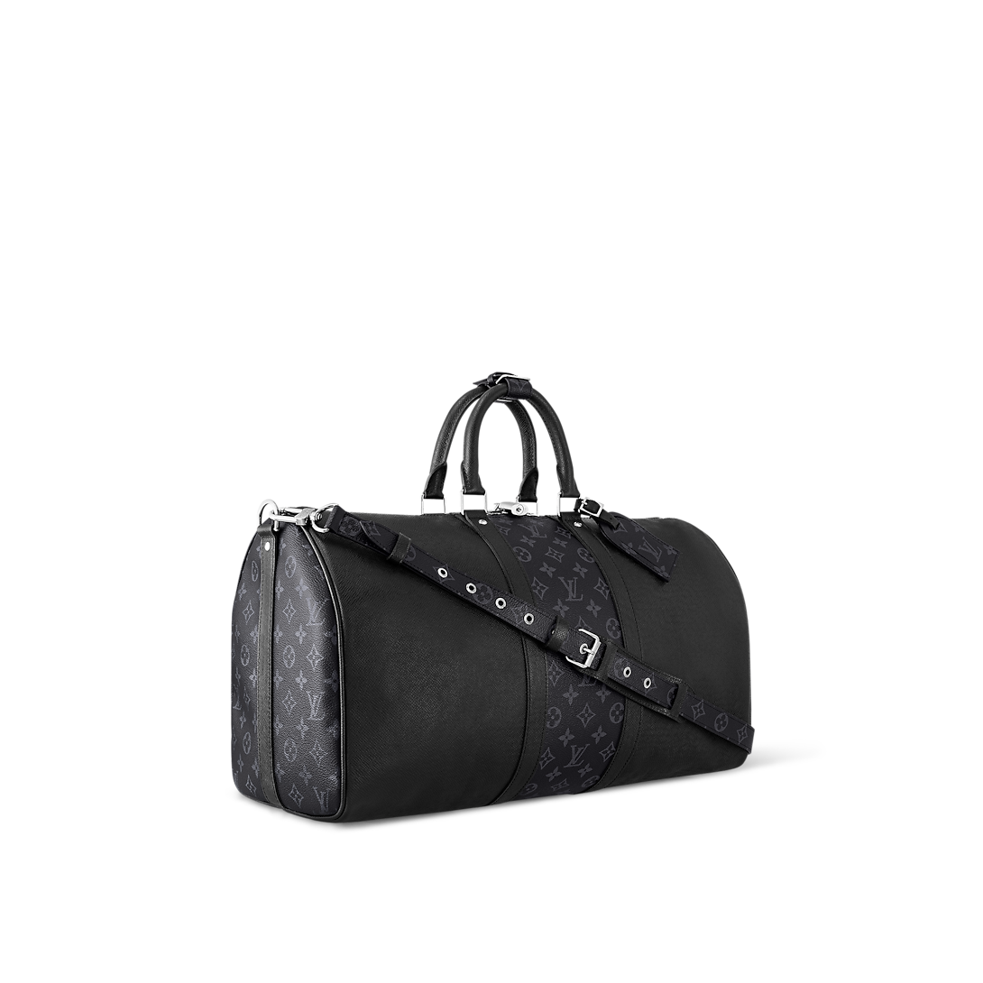 Sac Keepall Bandoulière 50 Louis Vuitton en cuir noir avec bande centrale Monogram