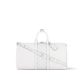 Sac Keepall Bandoulière 50 Louis Vuitton en cuir blanc avec bande centrale Monogram