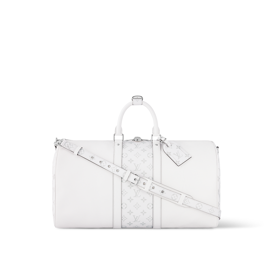 Sac Keepall Bandoulière 50 Louis Vuitton en cuir blanc avec bande centrale Monogram