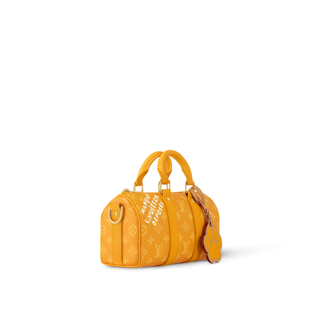 Sac Keepall Bandoulière 25 Louis Vuitton en toile Monogram jaune avec motif chien (collection LV x Animals / Paw)