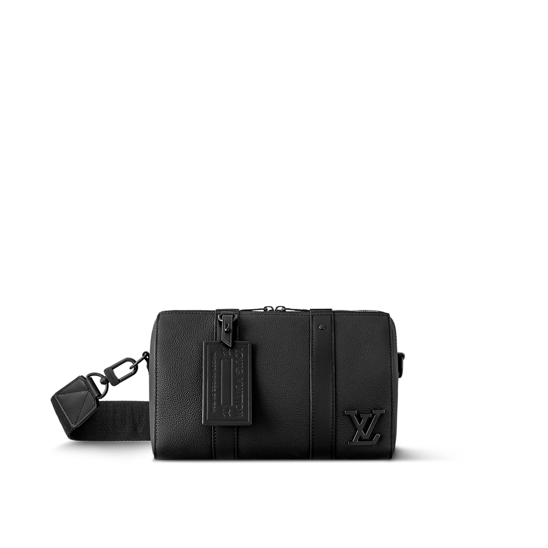 Sac Keepall Bandoulière 25 Louis Vuitton en cuir noir avec logo LV métallique