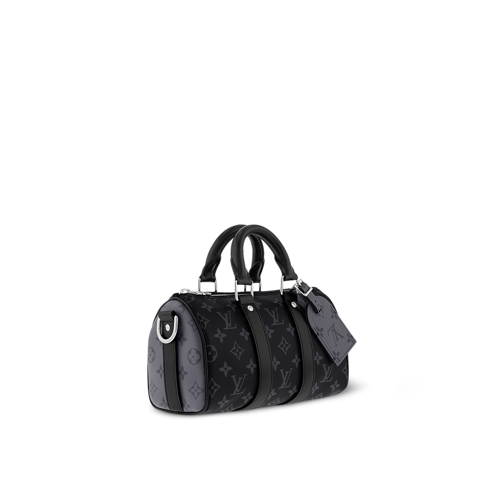 Sac Keepall Bandoulière 25 Louis Vuitton en toile Monogram Eclipse avec finitions en cuir noir