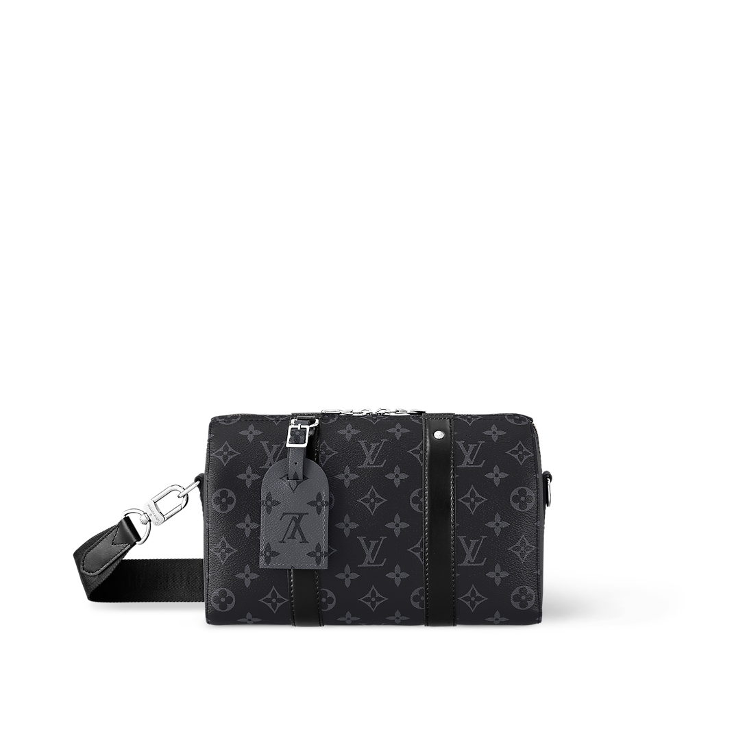 Sac Keepall Bandoulière 25 Louis Vuitton en toile Monogram Eclipse avec finitions en cuir noir