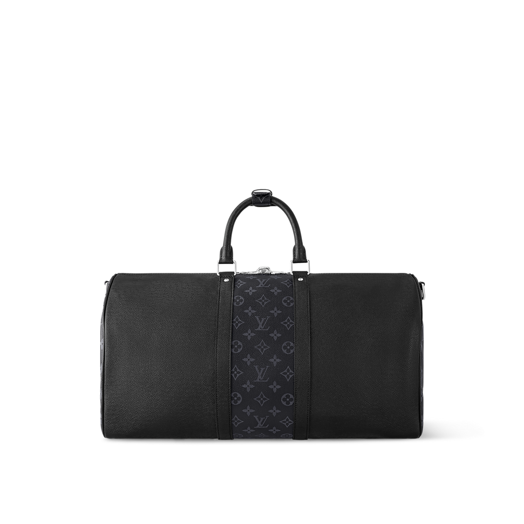 Sac Keepall Bandoulière 50 Louis Vuitton en cuir noir avec bande centrale Monogram