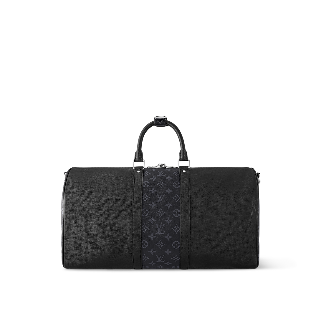 Sac Keepall Bandoulière 50 Louis Vuitton en cuir noir avec bande centrale Monogram