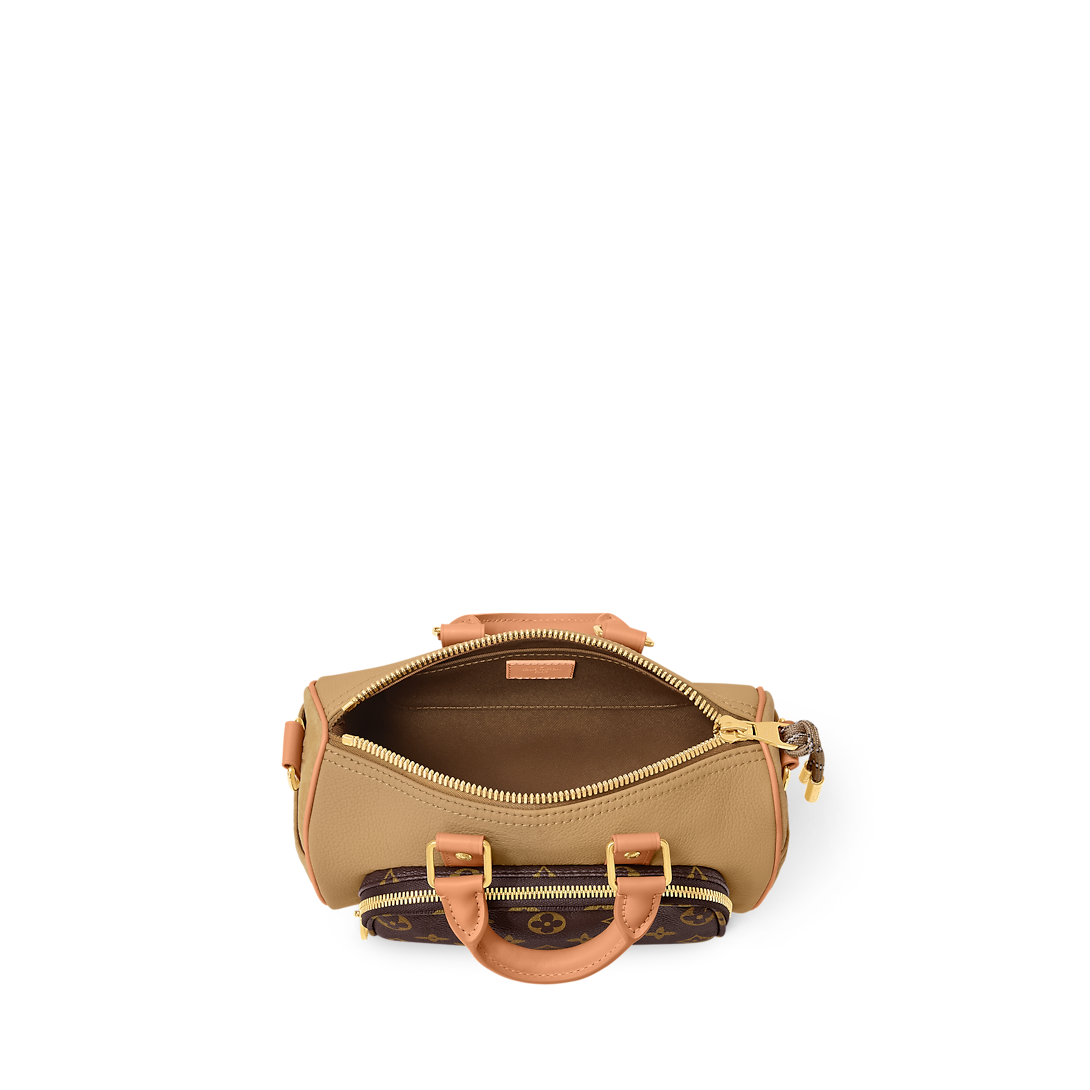 Sac Keepall Bandoulière 25 Louis Vuitton en toile Monogram avec poche avant et finitions en cuir beige (vachetta)