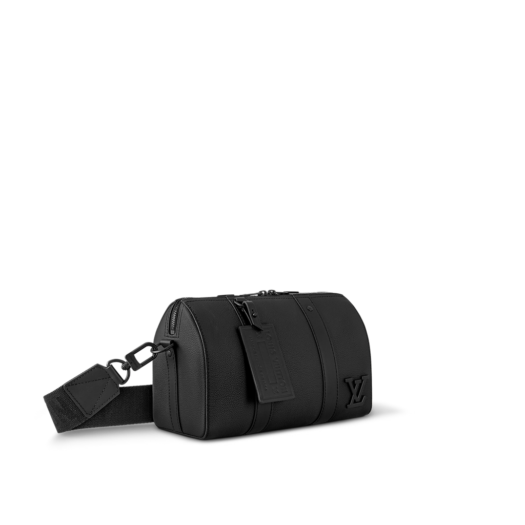 Sac Keepall Bandoulière 25 Louis Vuitton en cuir noir avec logo LV métallique