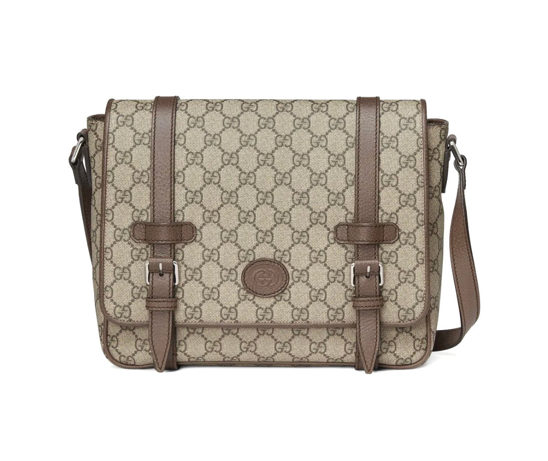 Sac messenger Gucci en toile GG Supreme beige avec finitions en cuir marron
